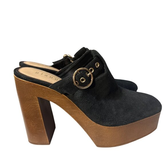 Gianni Bini Sotelo Black Suede Platform Wooden Heel Mules 8M Made In Brazil - Picture 3 of 7